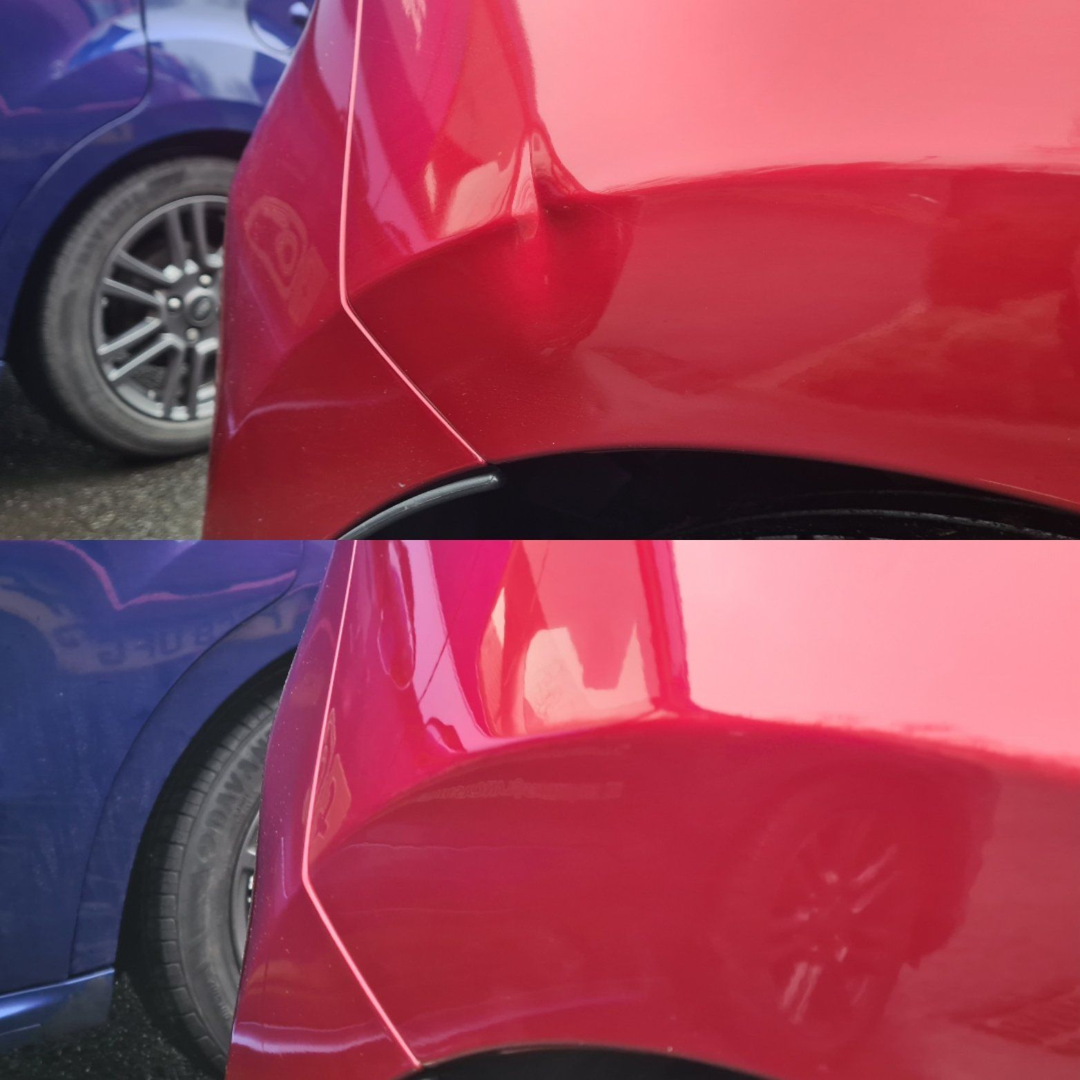 Example of press dent before and after dent removal in lancashire
