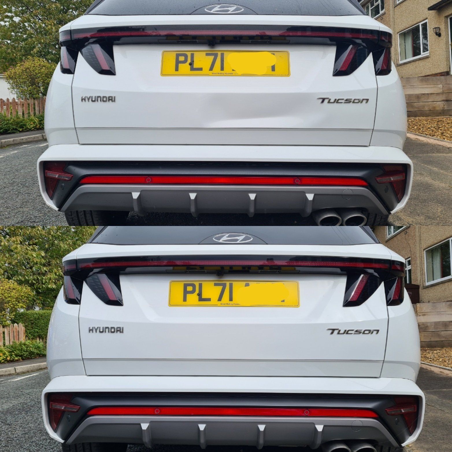 Example of car park ding in car door before and after dent master repair in lancashire