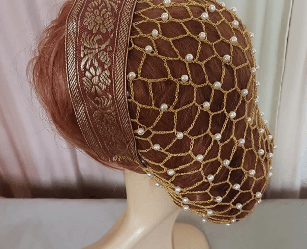 Brokat Haarreif mit goldenem Perlen-Haarnetz