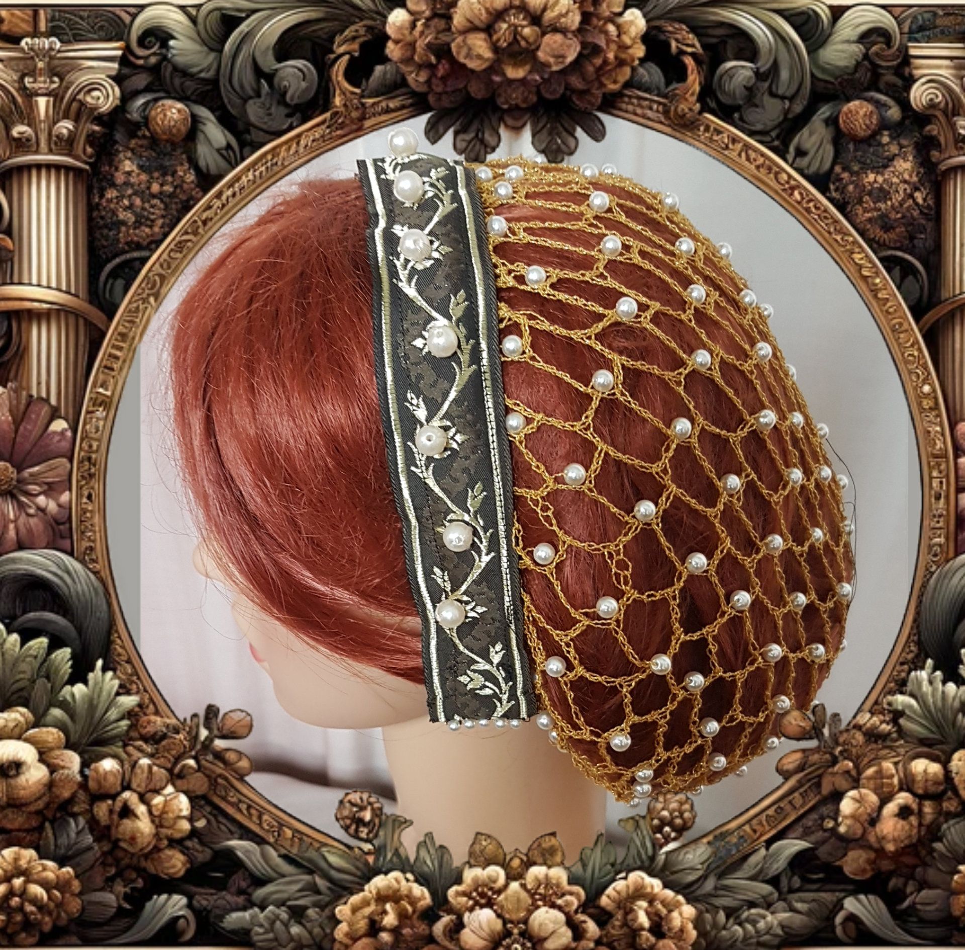 Goldenes Perlenhaarnetz mit Brokat-Perlen-Haarreif