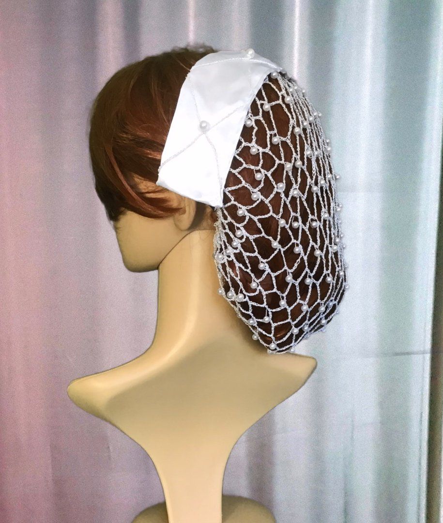 Braut-Haarschmuck - weiße Perlenkappe mit Perlenhaarnetz