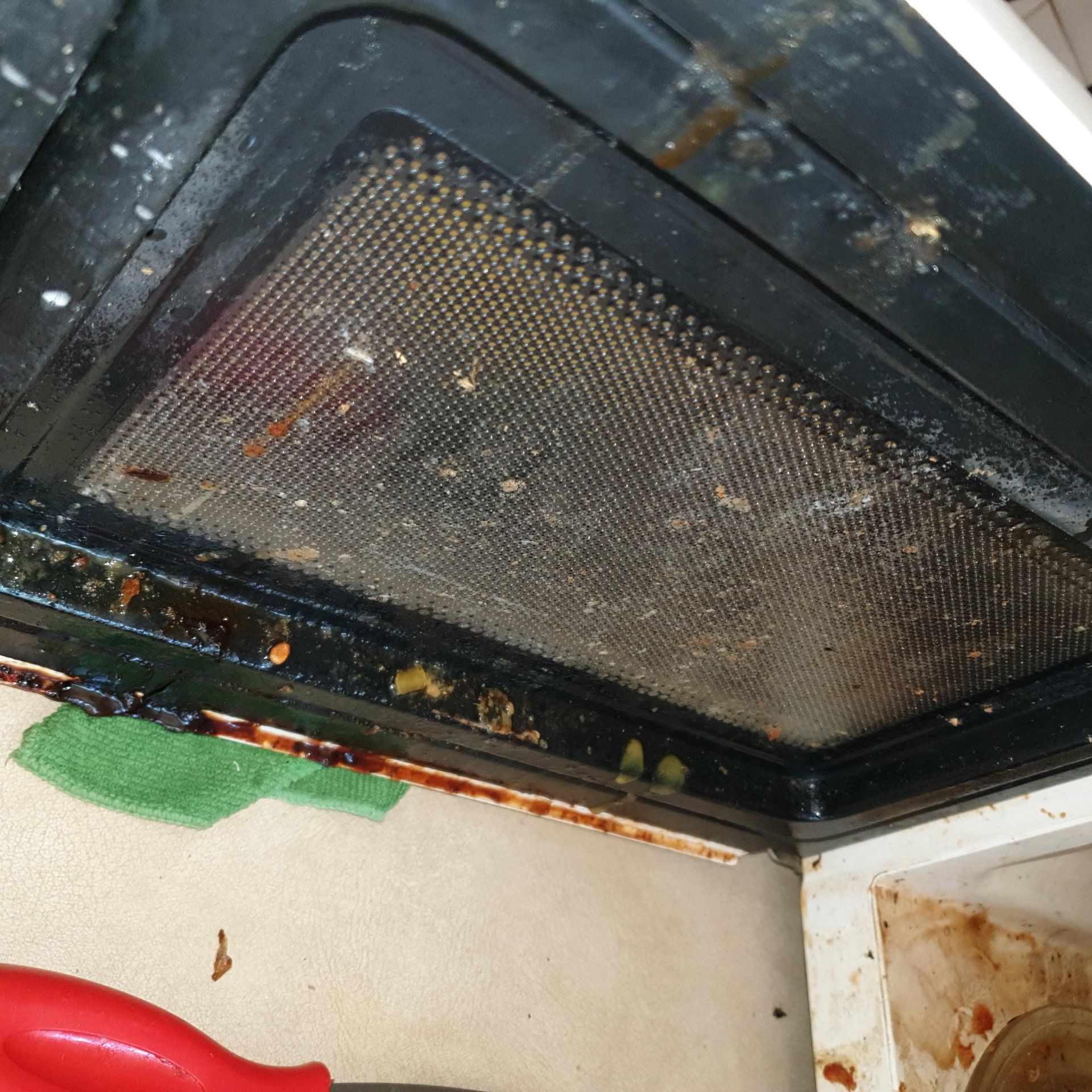 A n extremely dirty microwave.