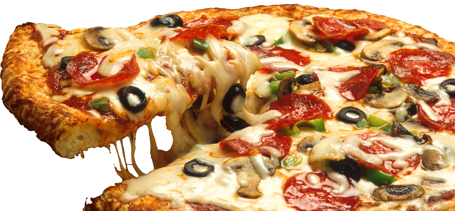 pizza slice being cut with veggies and meat on top