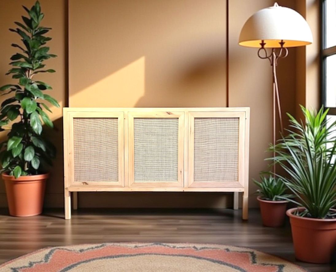 Aparador de madera y puertas de ratan
