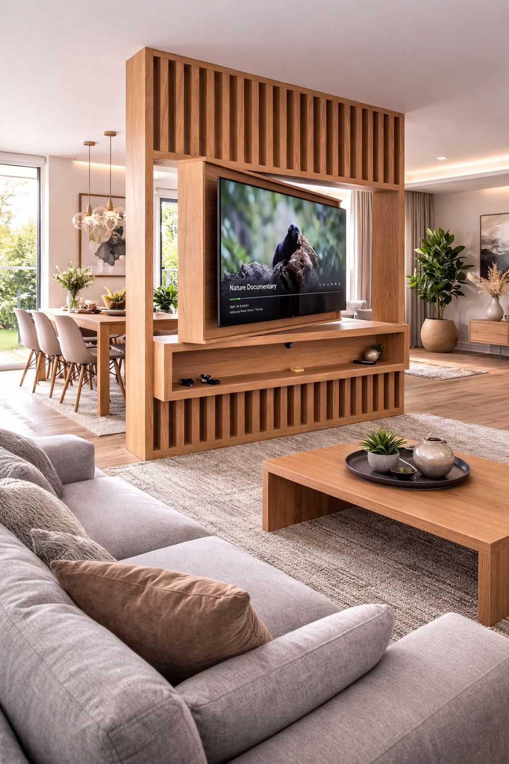 Separador de ambientes de madera a medida con televisión giratoria central.