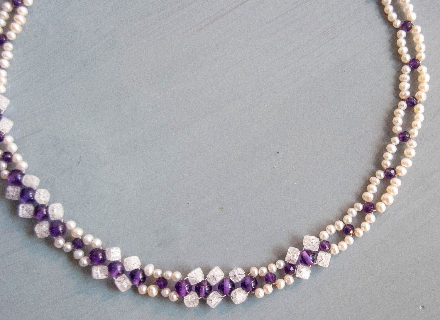 Collier Amethyst-Bergkristall-Süßwasser-Zuchtperlkombination