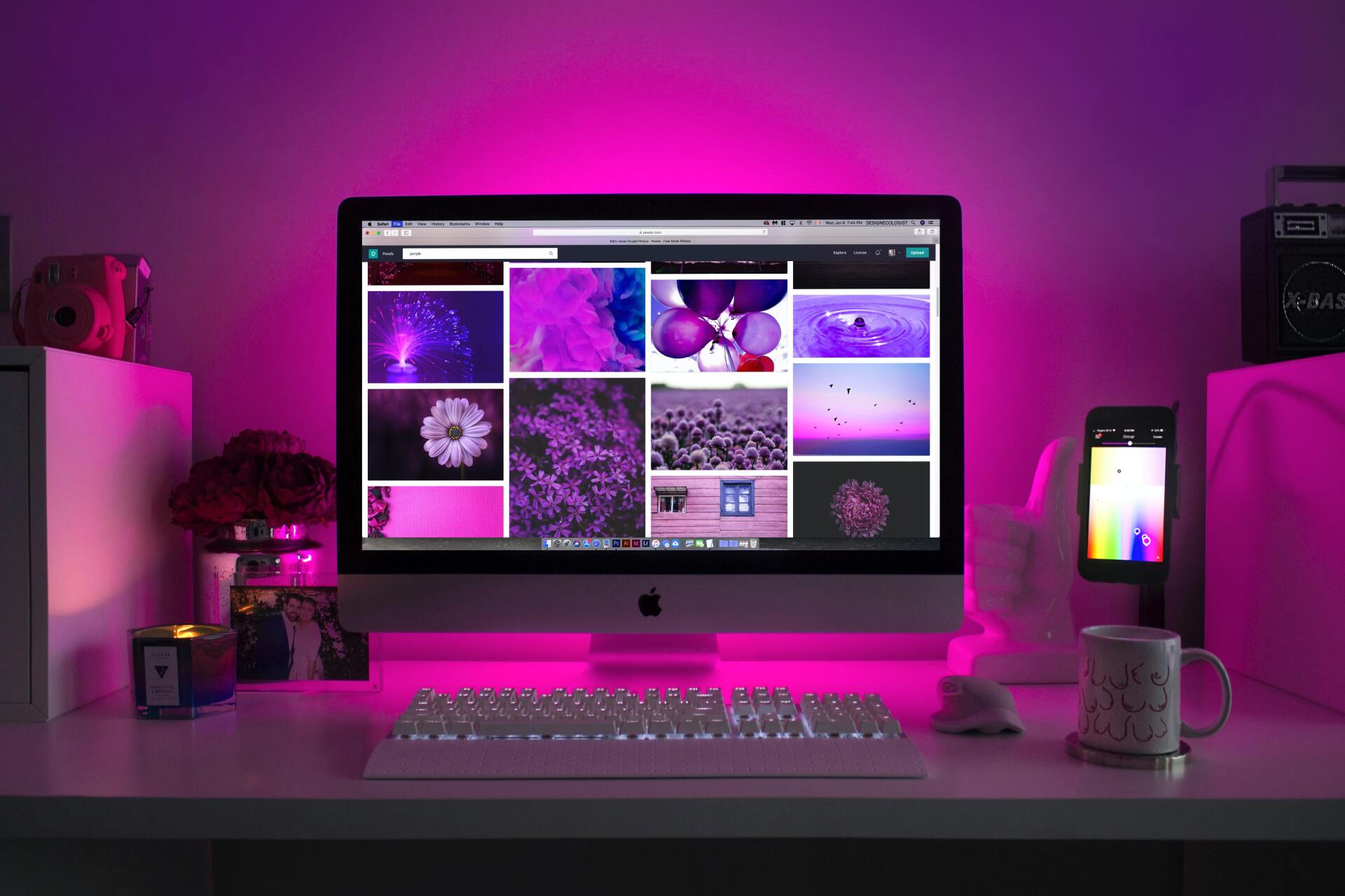 Stylish Gaming PC Set Up with a Pink LED Background
