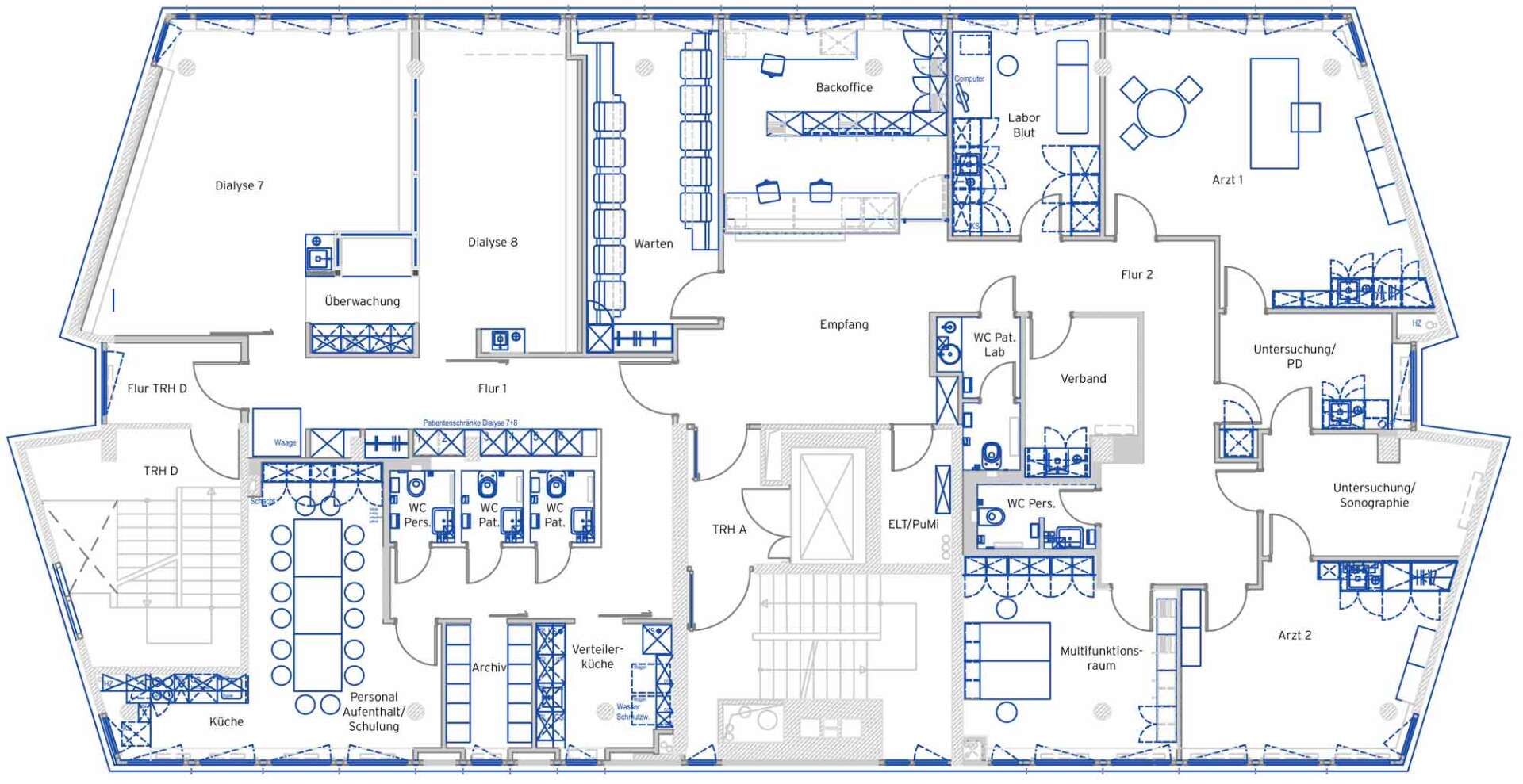 Der Grundriss einer Dialysepraxis mit einer kompletten Praxiseinrichtung von ip20