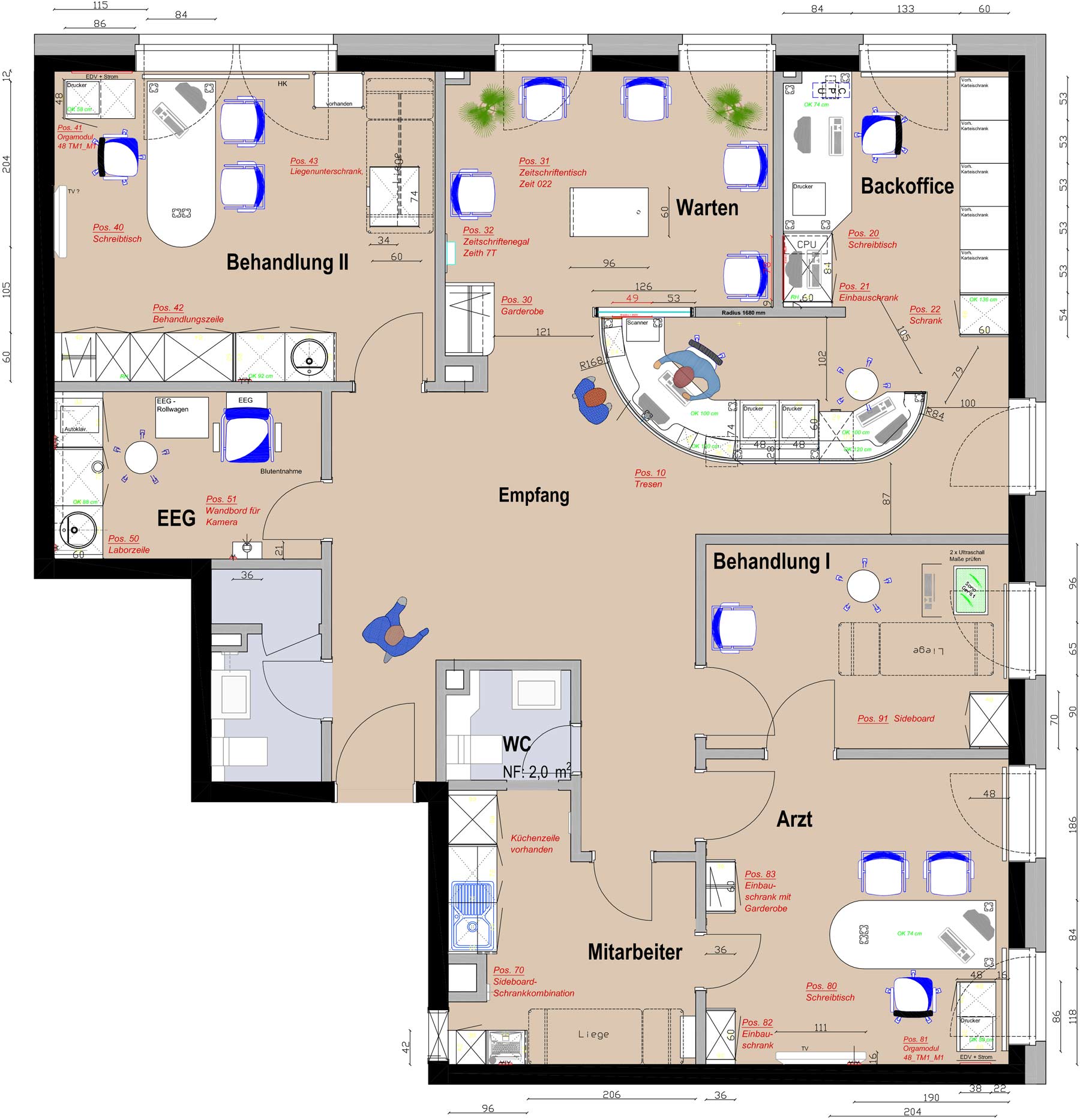 Eine Grundriss von ip20 Praxiseinrichtung nach Maß.