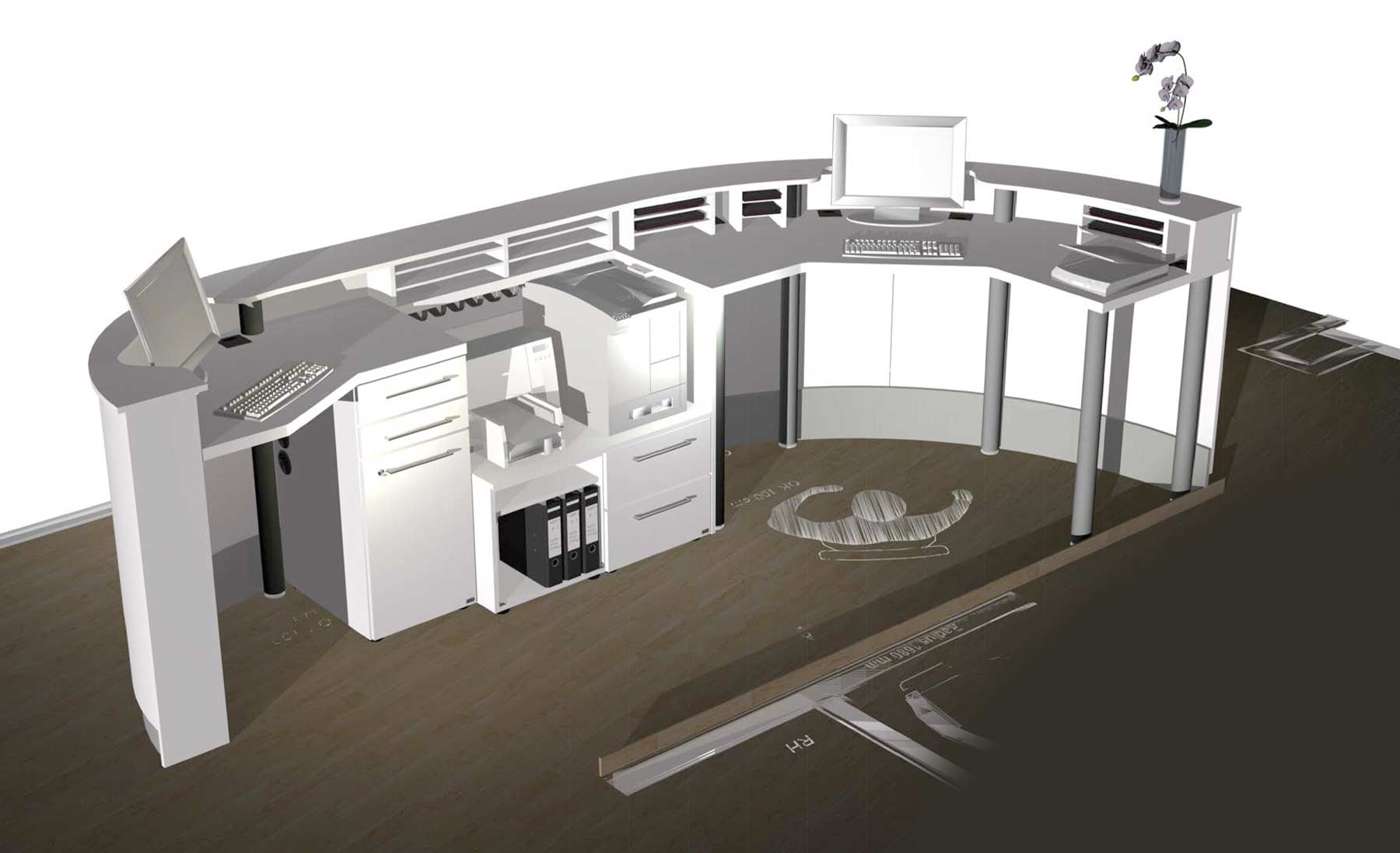 Ein 3D-Rendering von ip20 Praxiseinrichtung nach Maß.