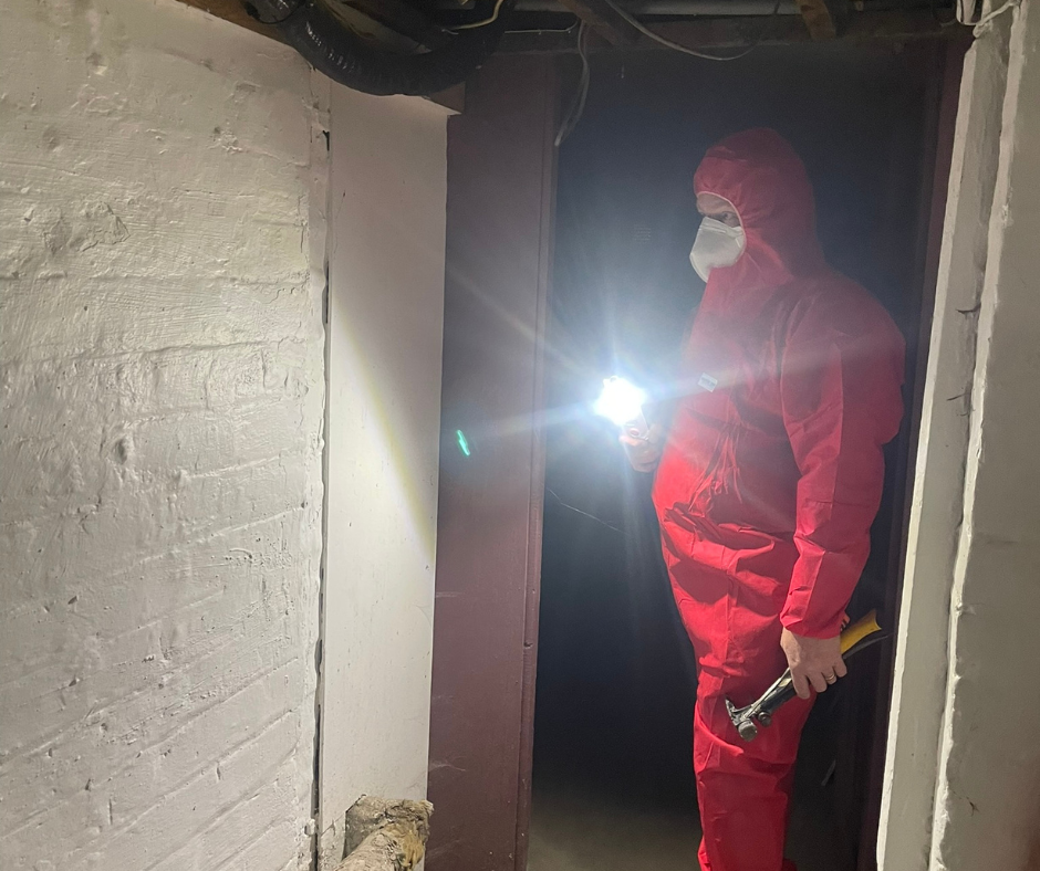 Asbestos surveyor inspecting a cellar with a torch for potential asbestos-containing materials