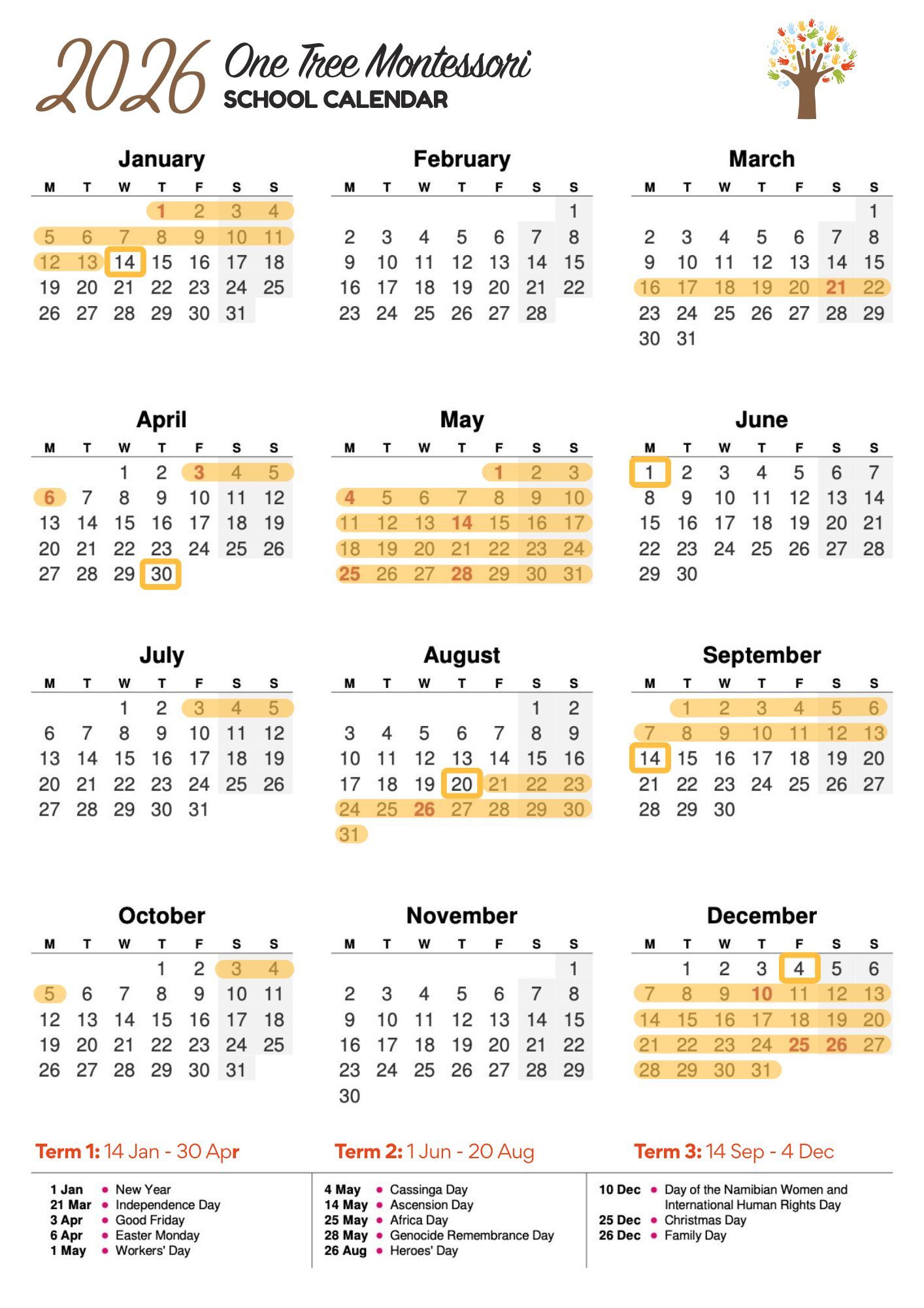 One Tree Montessori schools calendar.
