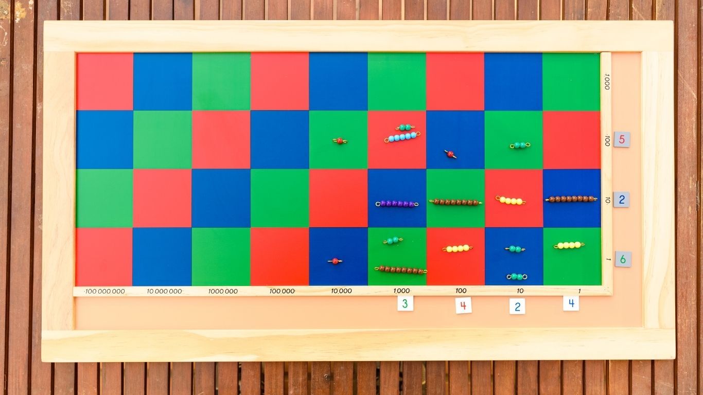A top-down view of the multiplication checker board (a wooden board with alternating squares in red, green and blue).