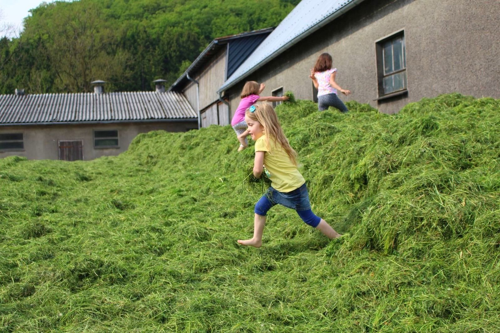 Kinder spielen auf dem frischen Silo.