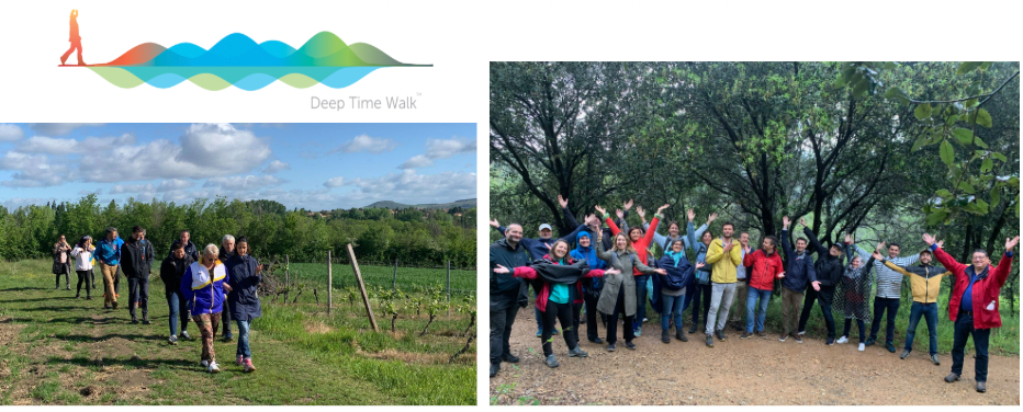 logo Deep time walk et des gens en extérieur au vert