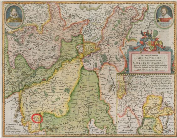 Karte von Hessel Geritz und Willem Ians (1571–1638). de Hertochdommen Gulick, Cleve, Berghe en de Graeffschappen van der Marck en Ravensbergh