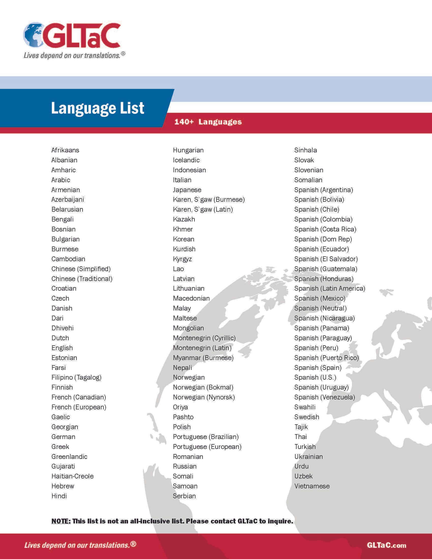Global Language Translations and Consulting (GLTaC): Language List