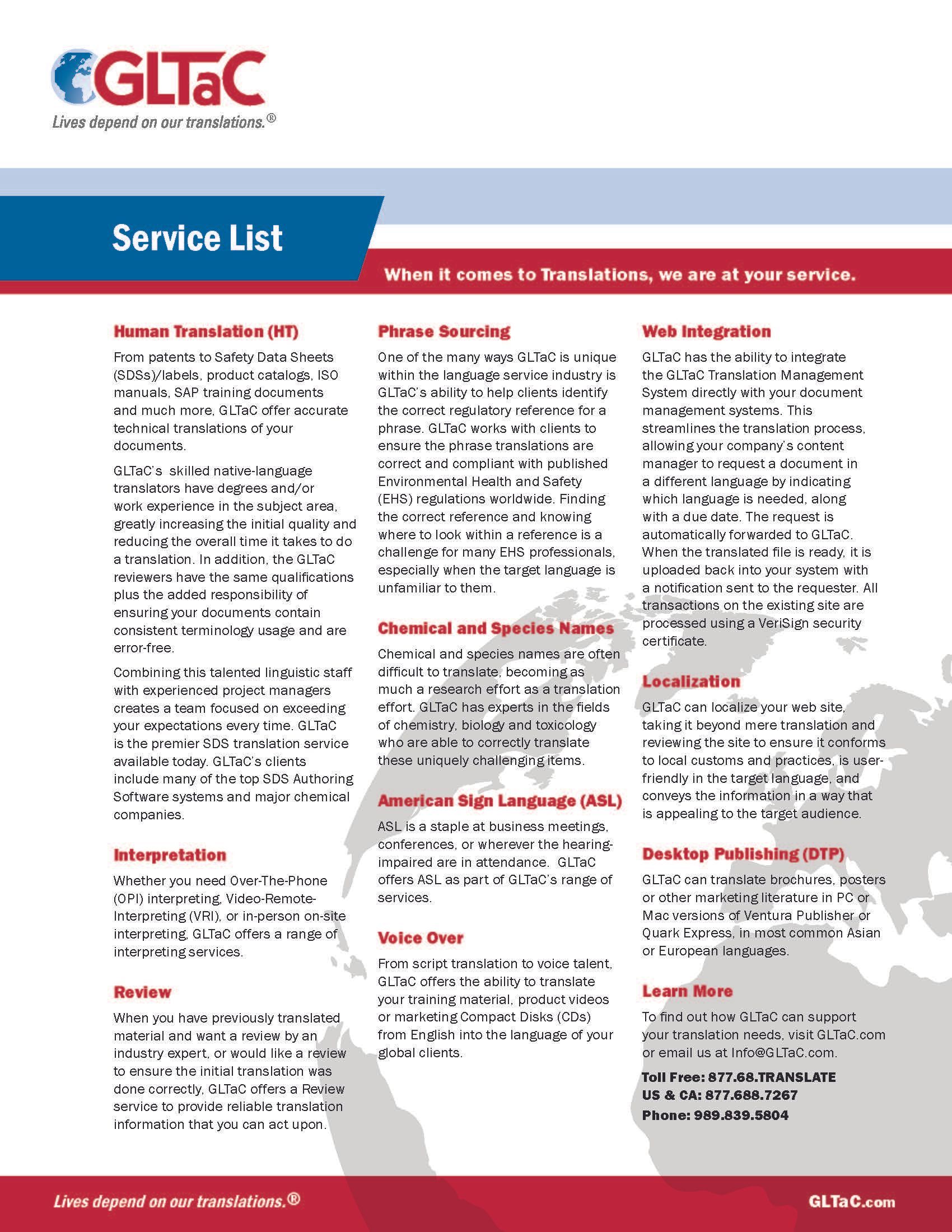 Global Language Translations and Consulting (GLTaC): Service List