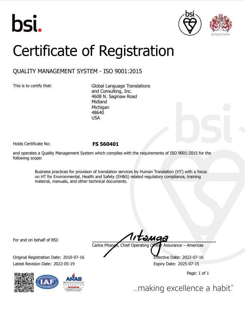 Global Language Translations and Consulting (GLTaC): Language Service Standards, Certifications, ISO Certifications, ISO 9001:2015, ISO 17100:2015-05