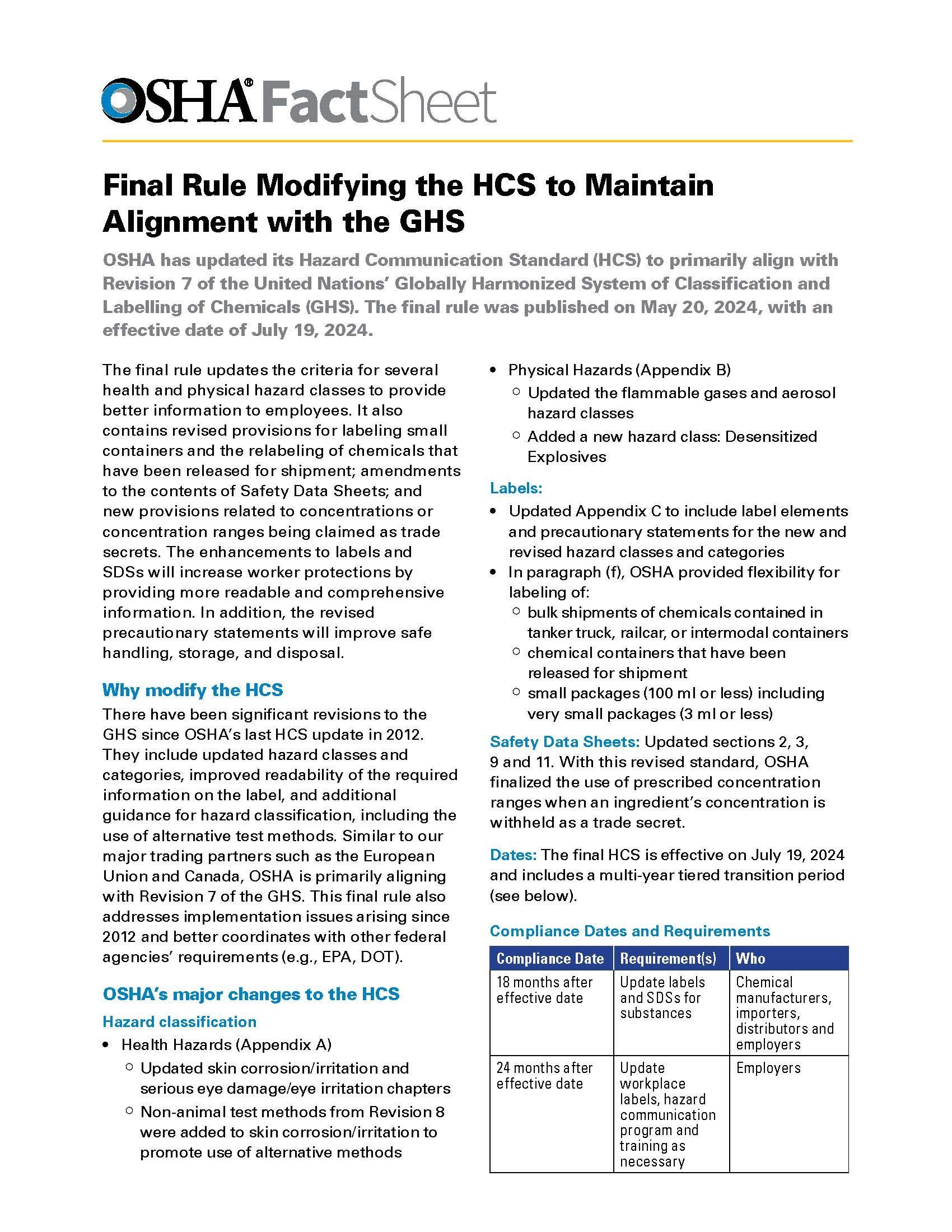 OSHA GHS Rev 7: Final Rule Modifying the HCS to Maintain Alignment with the GHS