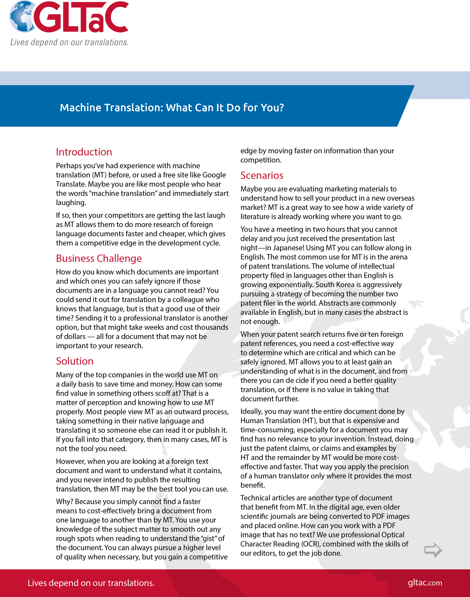 GLTaC White Paper:
Machine Translation: What Can It Do for You?