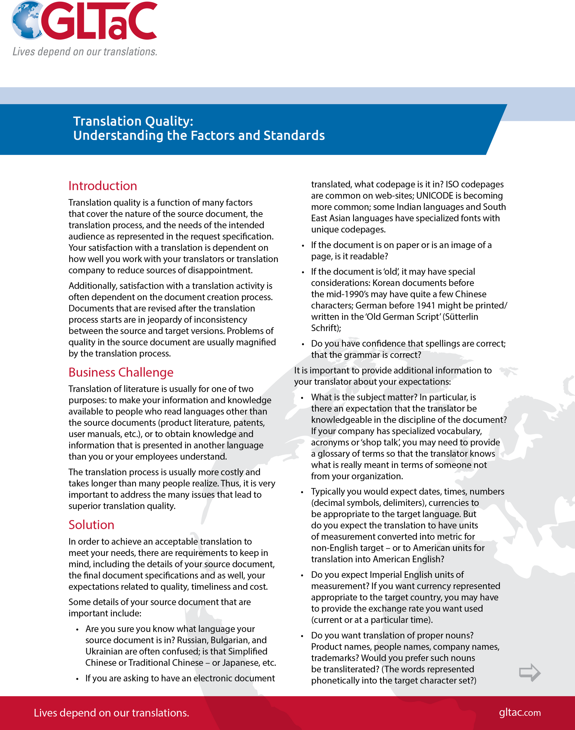 GLTaC White Paper:
Translation Quality: Understanding the Factors and Standards