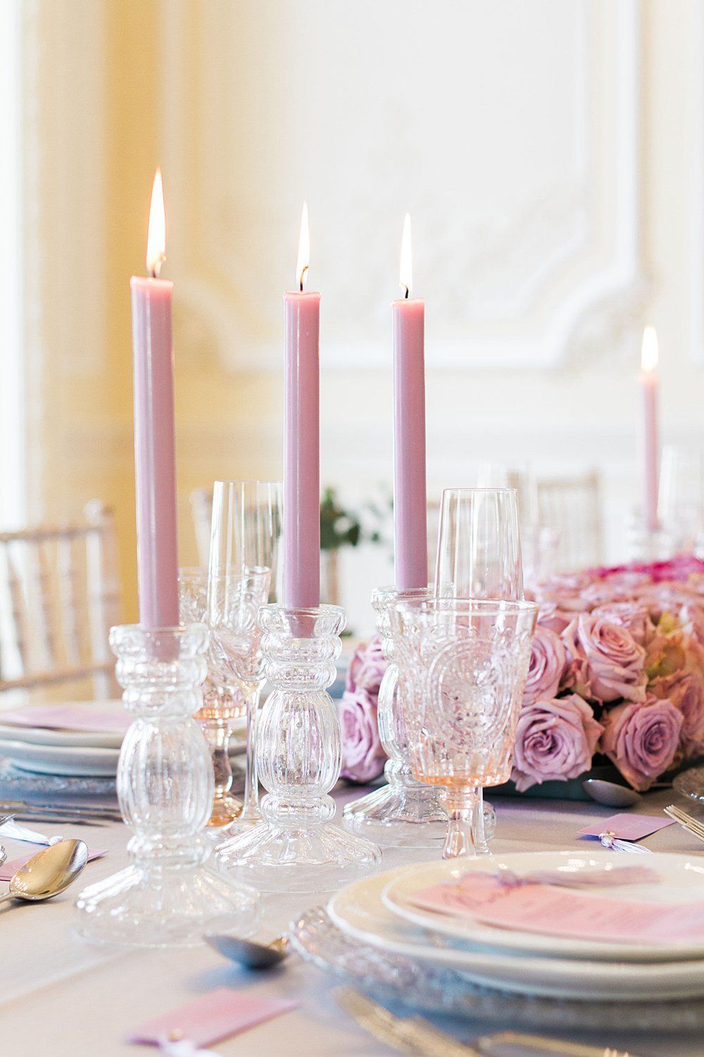 Lavender lilac candles glass vintage candle stick holders