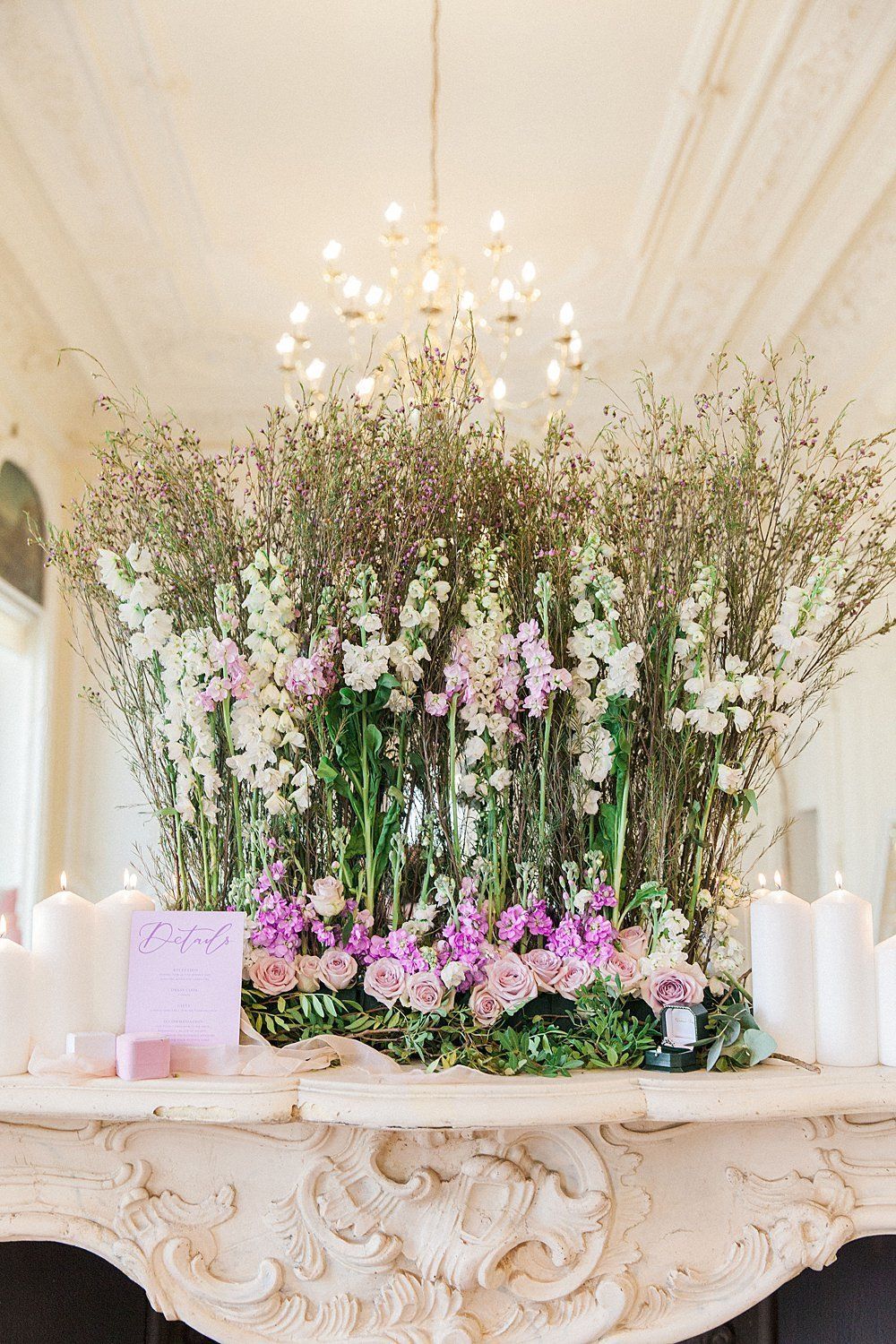 Fireplace flower arrangement lavender roses