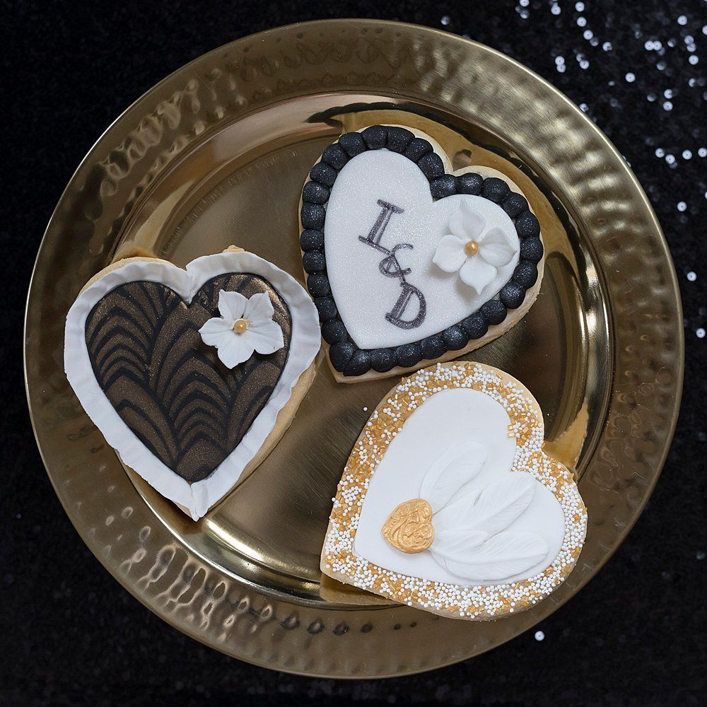 Personalised biscuits black and gold heart shape