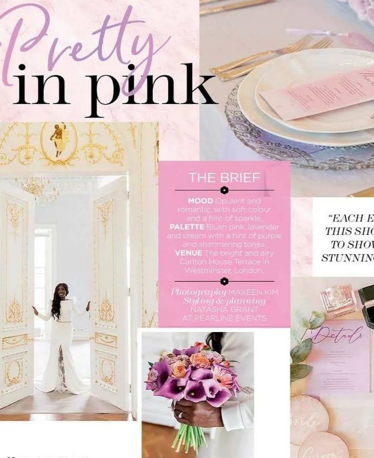 Magazine page extract titled Pretty in Pink and showing pictures of the bride and wedding reception table from a blush pink and lavender wedding