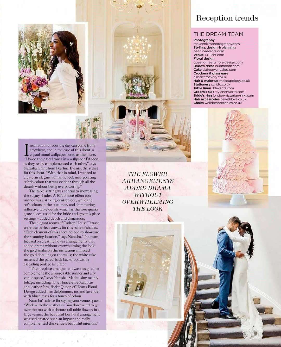 Page extract from You and Your wedding magazine showing black bride smiling and holding bouquet and bride and groom holding each other whilst standing on elegant staircase