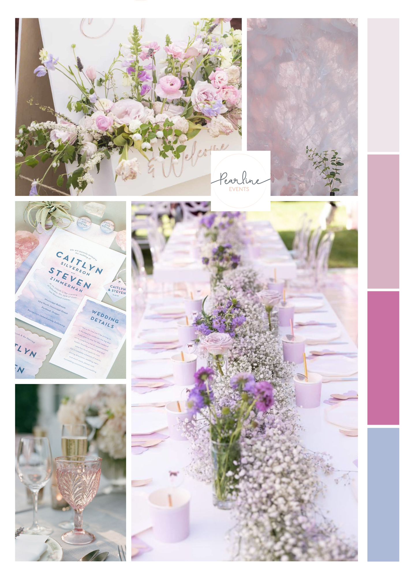 Mood board with lilac and pink wedding details flowers and cake