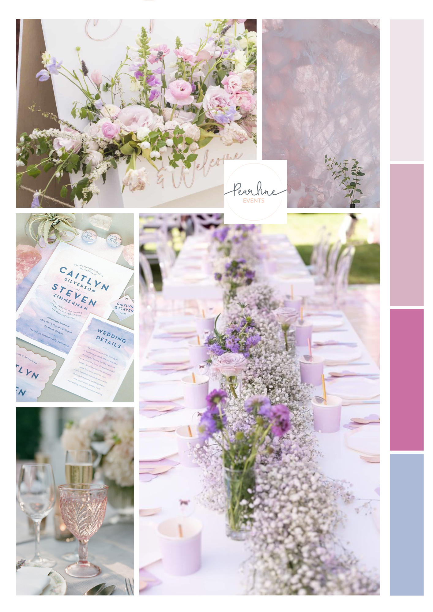 Moodboard with lilac and pink flowers and cake