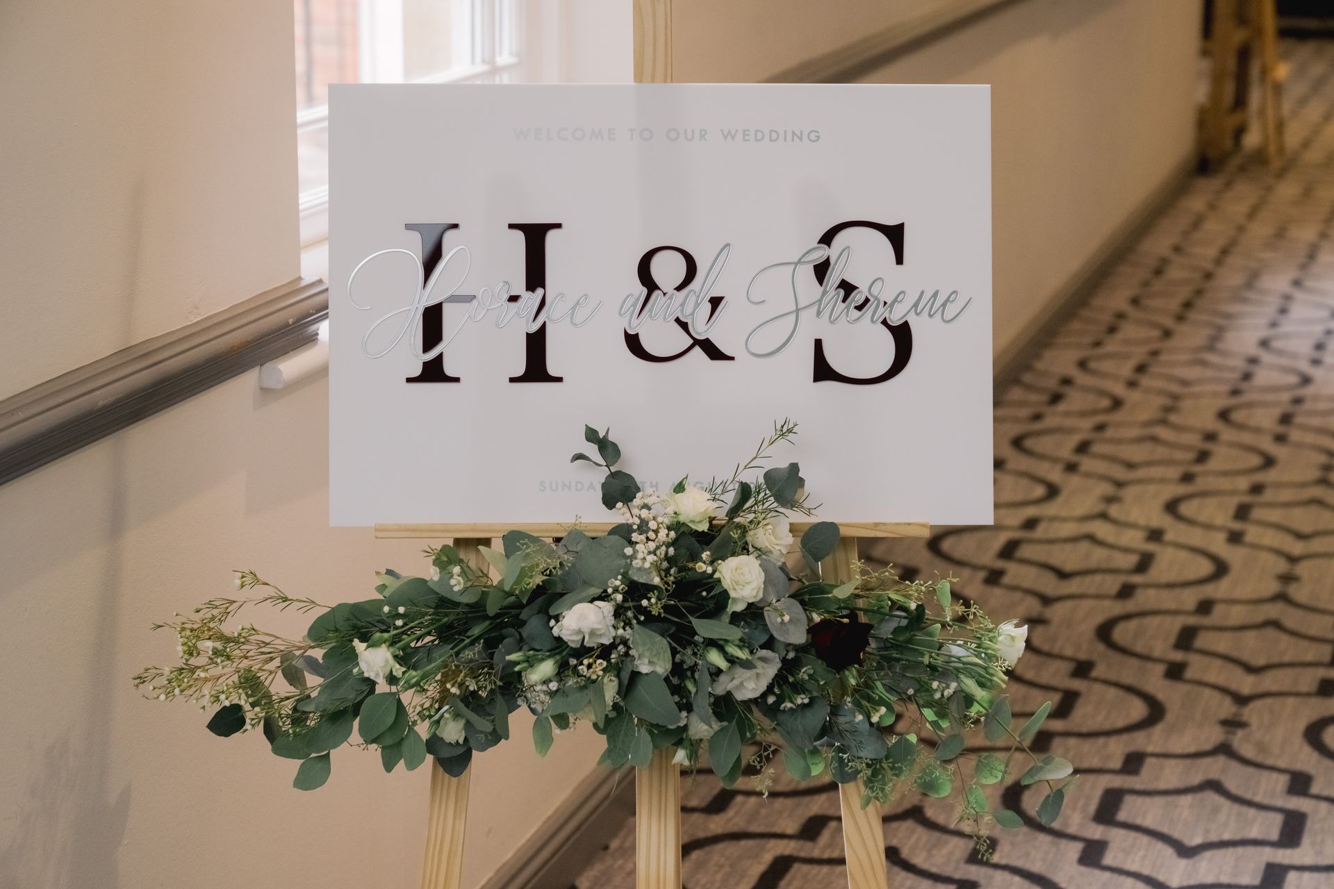 Wedding welcome sign in white with red letters