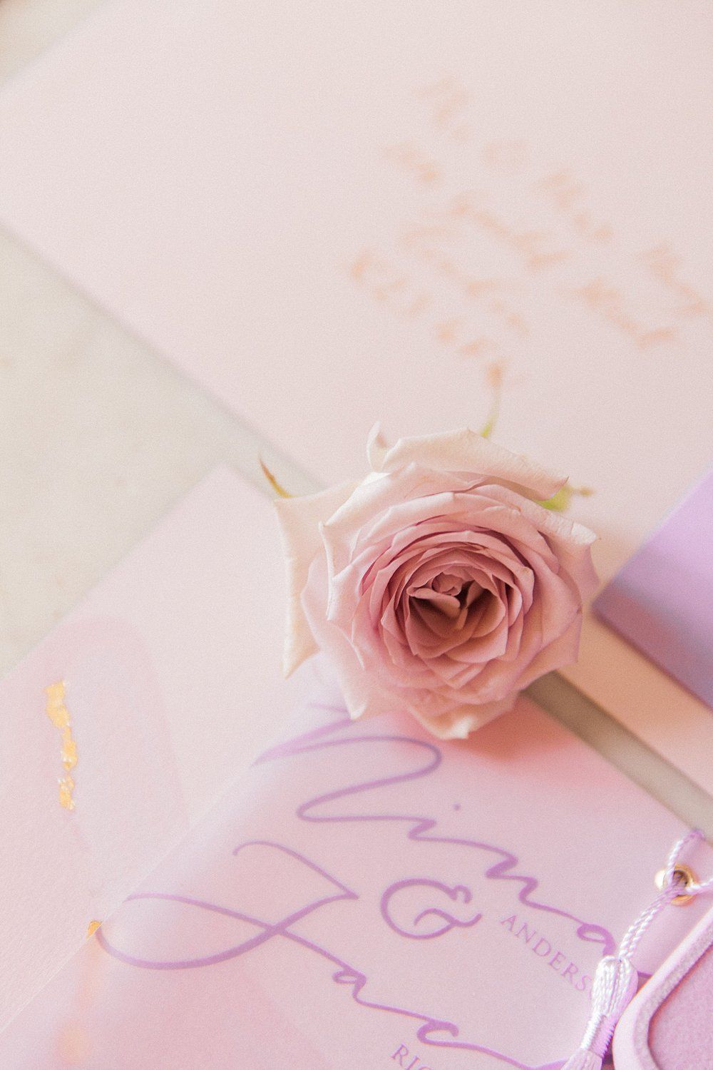 Lilac wedding invitation and pink rose