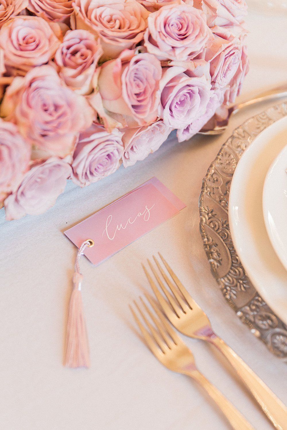 Lavender wedding place card with tassle rose table setting