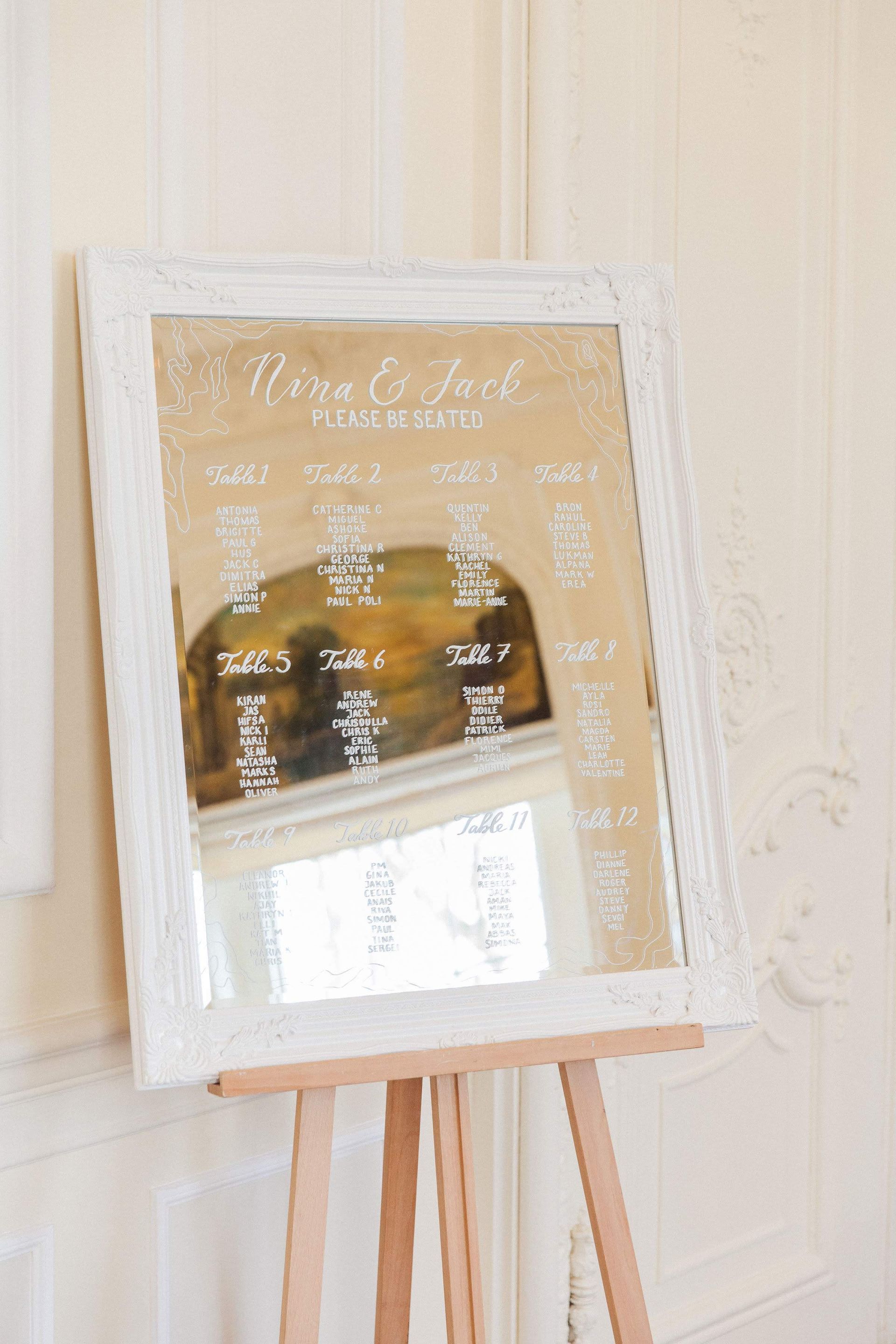 Mirrored seating plan in a white frame on a wooden easel