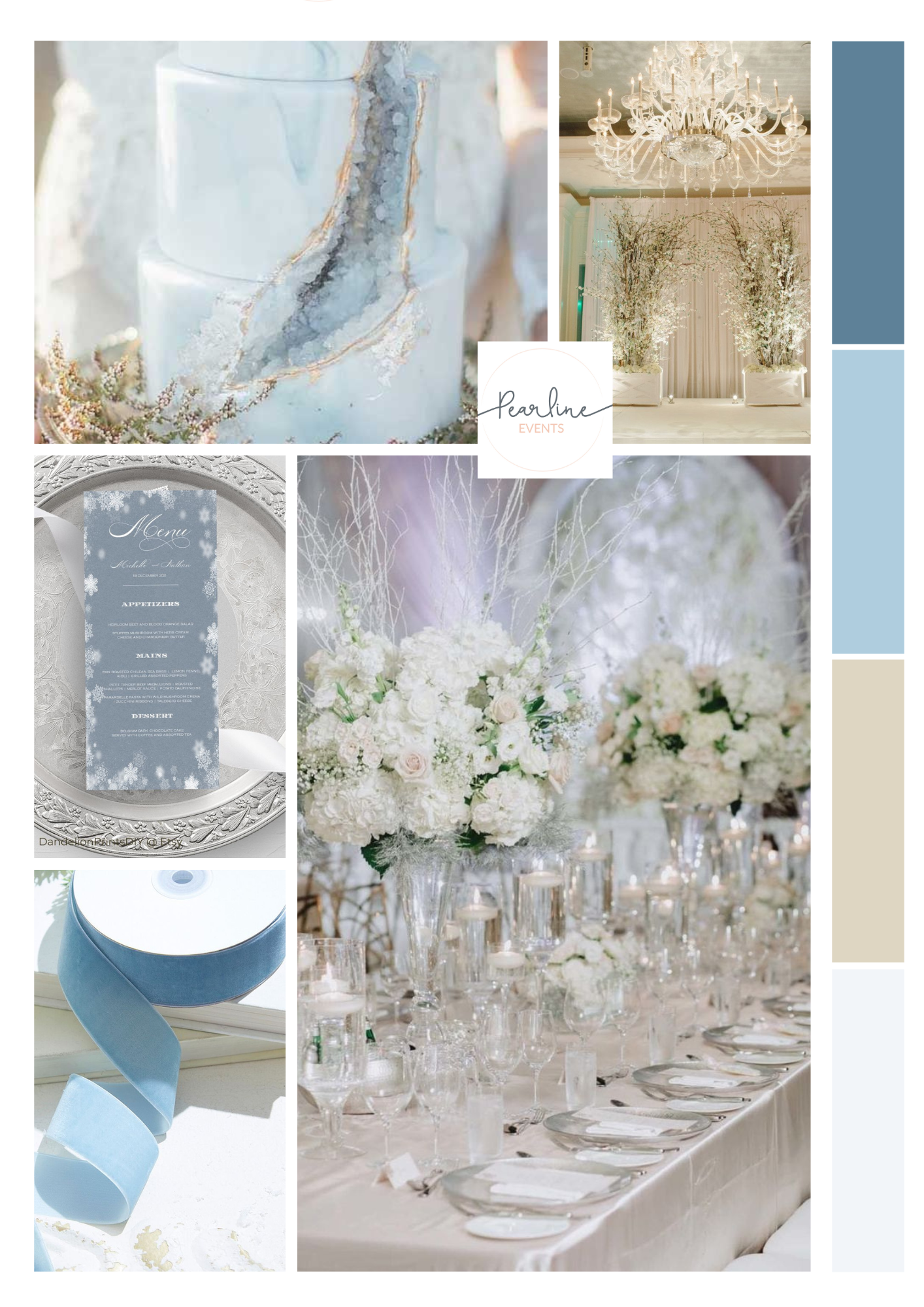White and pale blue winter wedding colours mood board