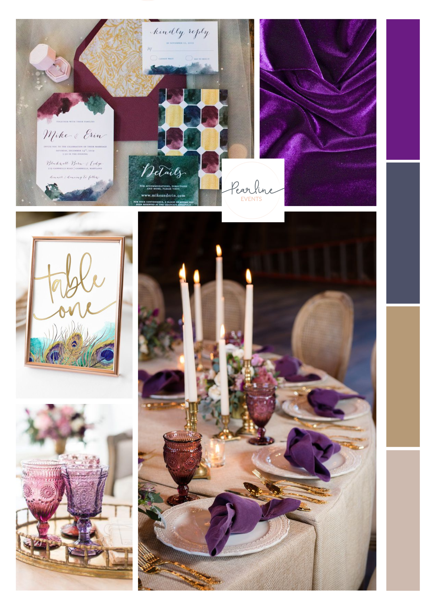Purple and gold winter wedding colours mood board