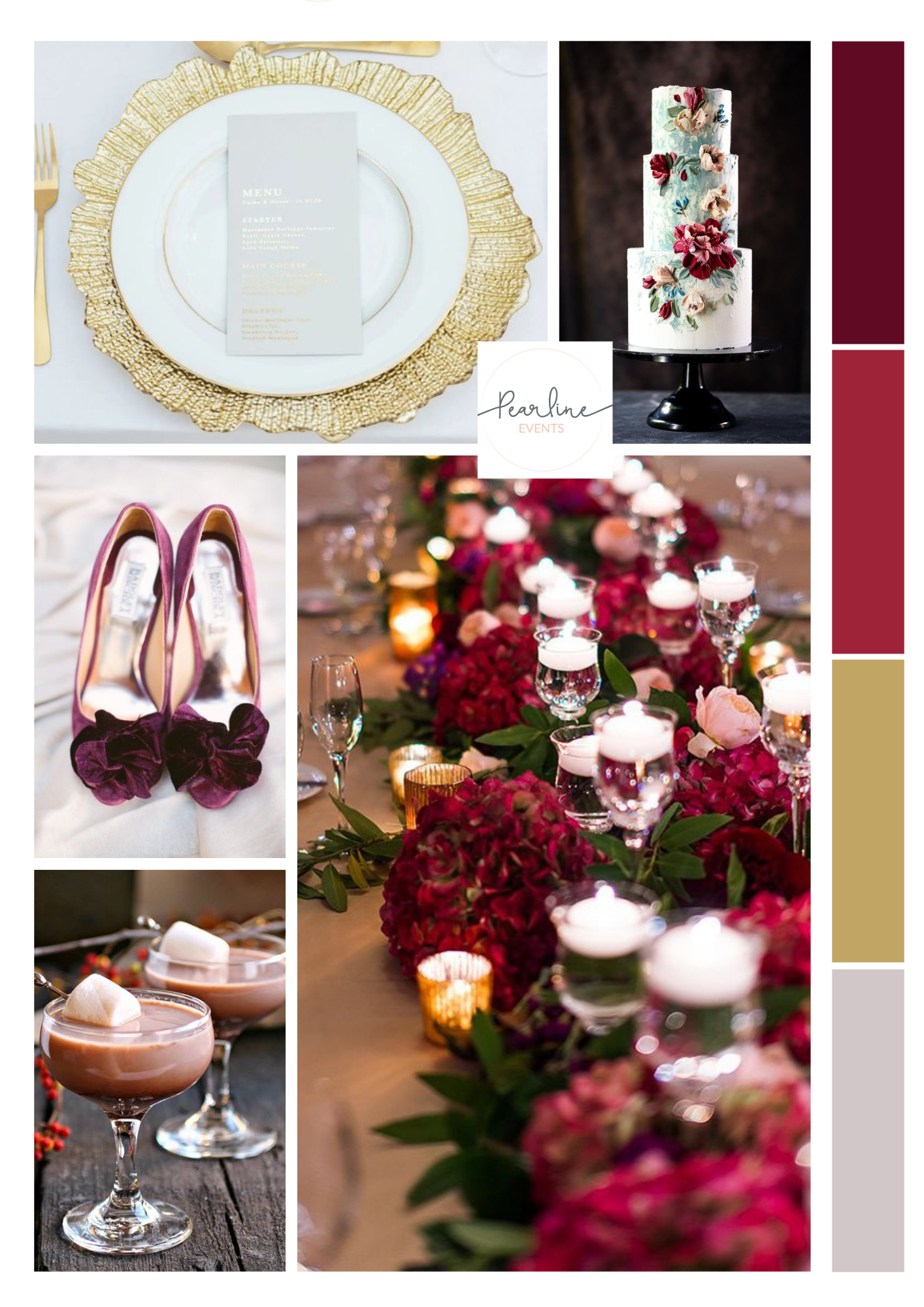 Deep red and gold winter wedding colours mood board