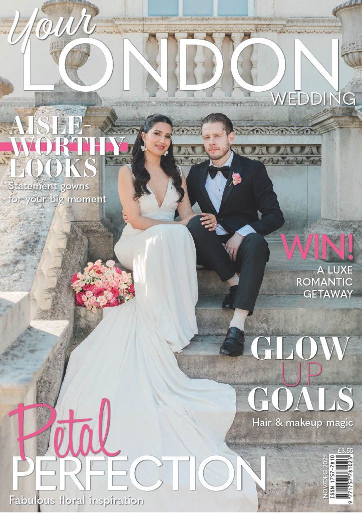 Front cover image of bride and groom sitting outside Chiswick House from Your London Wedding Magazine, December 2025 issue