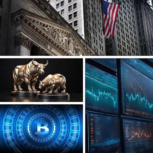 Symbole Finanzen Photo collage NYSE front, bull and bear, Bitcoin, charts