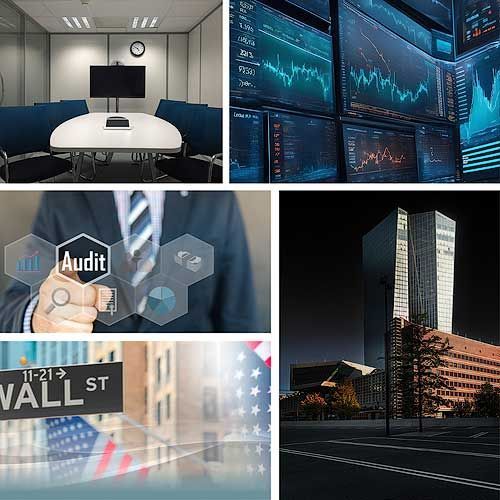 Symbole Wirtschaft und Finanzen Fotocollage Meetingraum, Wall Street, Audit, EZB, Charts