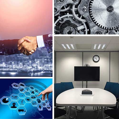 Symbole für Unternehmensalltag Collage Meetingraum, Zahnräder, Handshake, Meetingraum