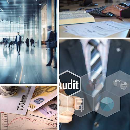 Symbole für Büro und Beratung Photo collage office people, balance sheet, audit