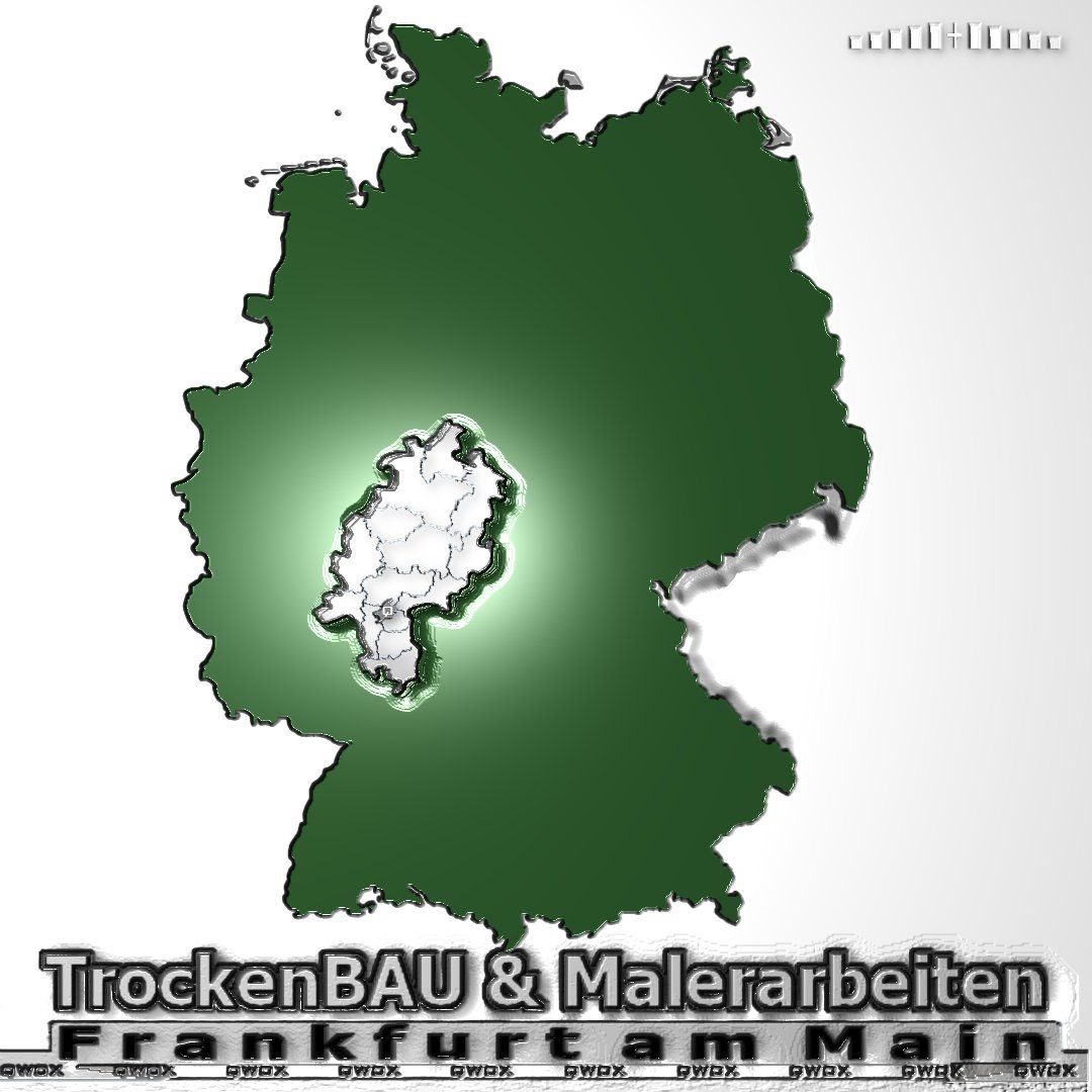TrockenBAU & Malerarbeiten Das Bild zeigt eine grafische Darstellung von Deutschland auf weißem Hintergrund. In der Mitte, leicht unten und nach links versetzt, ist das Bundesland Hessen in grüner geografischer Form hervorgehoben, mit einem Hauch von Weiß zur Hervorhebung. Ganz unten, in silbernen Buchstaben, steht