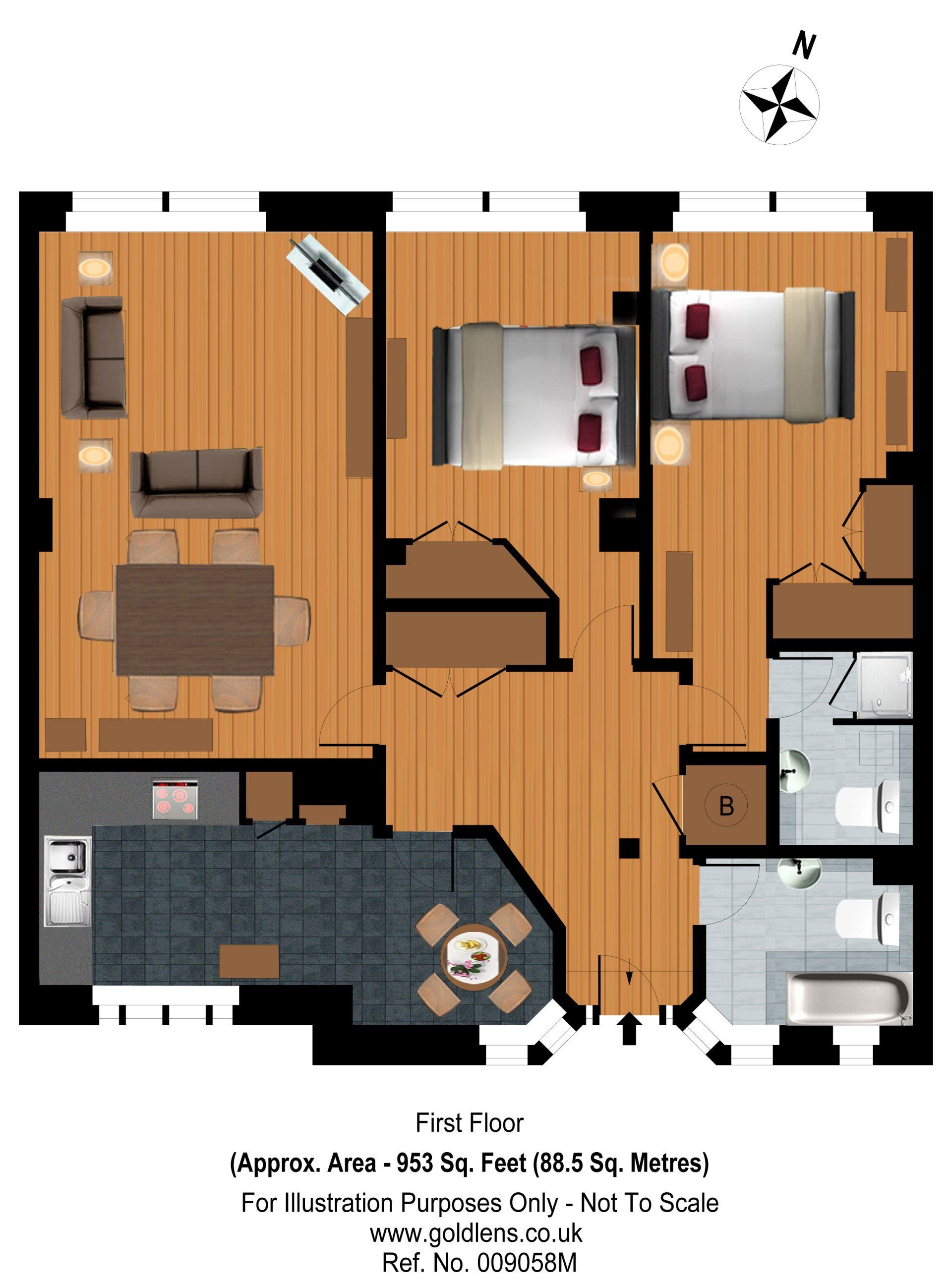 colour 3D floor plan with furniture of a property created in London by Gold Lens Photography Ltd.
