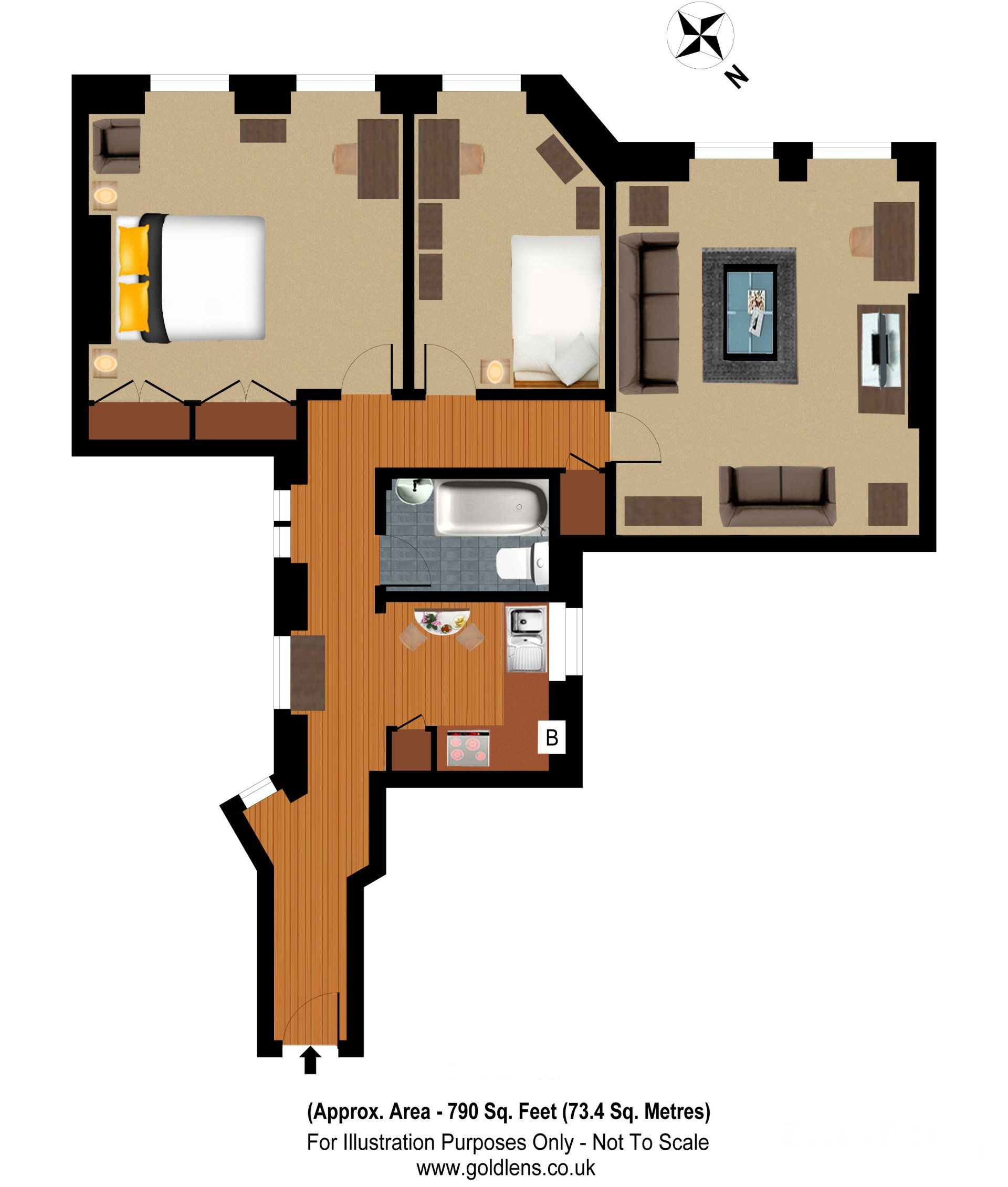 colour floor plan with furniture of a property created in London by Gold Lens Photography Ltd.