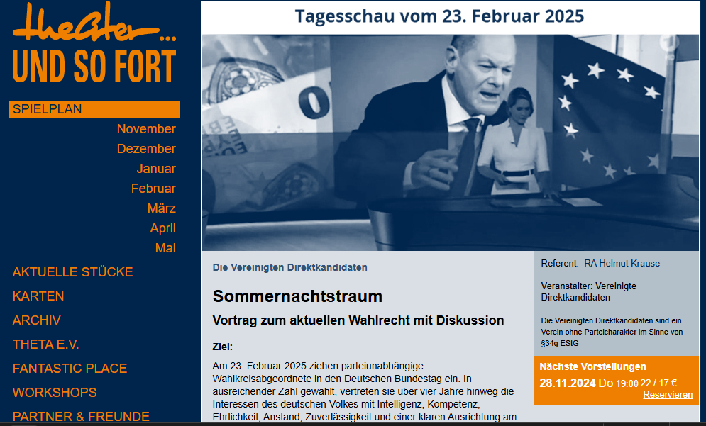 Einladung zum Vortrag und Diskussion
Für den 28. November 2024 lade ich Sie herzlich zu meinem Vortrag ein:
„Das aktuelle Wahlrecht – Einblicke und Diskussion“
Wann:
19:00 Uhr (Einlass ab 18:30 Uhr)
Wo:
Theater … und so fort, Hinterbärenbadstr. 2, Pavillon, 81373 München
Tickets:
Karten sind unter folgendem Link erhältlich:
https://www.undsofort.de/stueck/sommernachtstraum,1645
Weitere Informationen, inklusive des Programms für den Vortrag, finden Sie auf meiner Website:
https://www.rakrause.de/299
Ich freue mich auf Ihre Teilnahme und eine spannende Diskussion!
