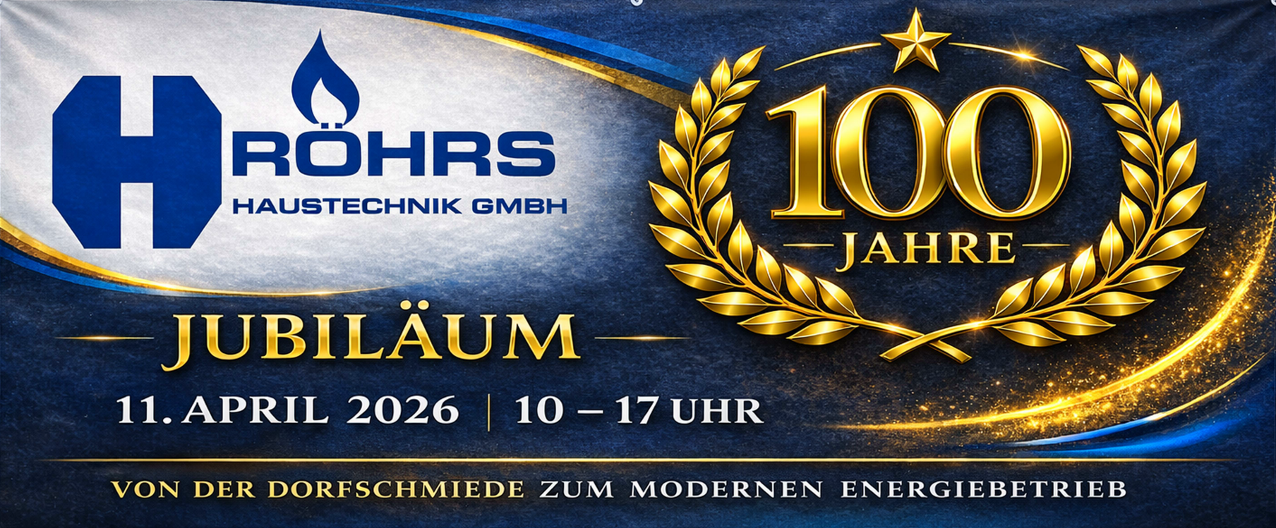 Jubiläumslogo 100 Jahre Röhrs Haustechnik mit Veranstaltungshinweis zu Biomasse, Heiztechnik und Han